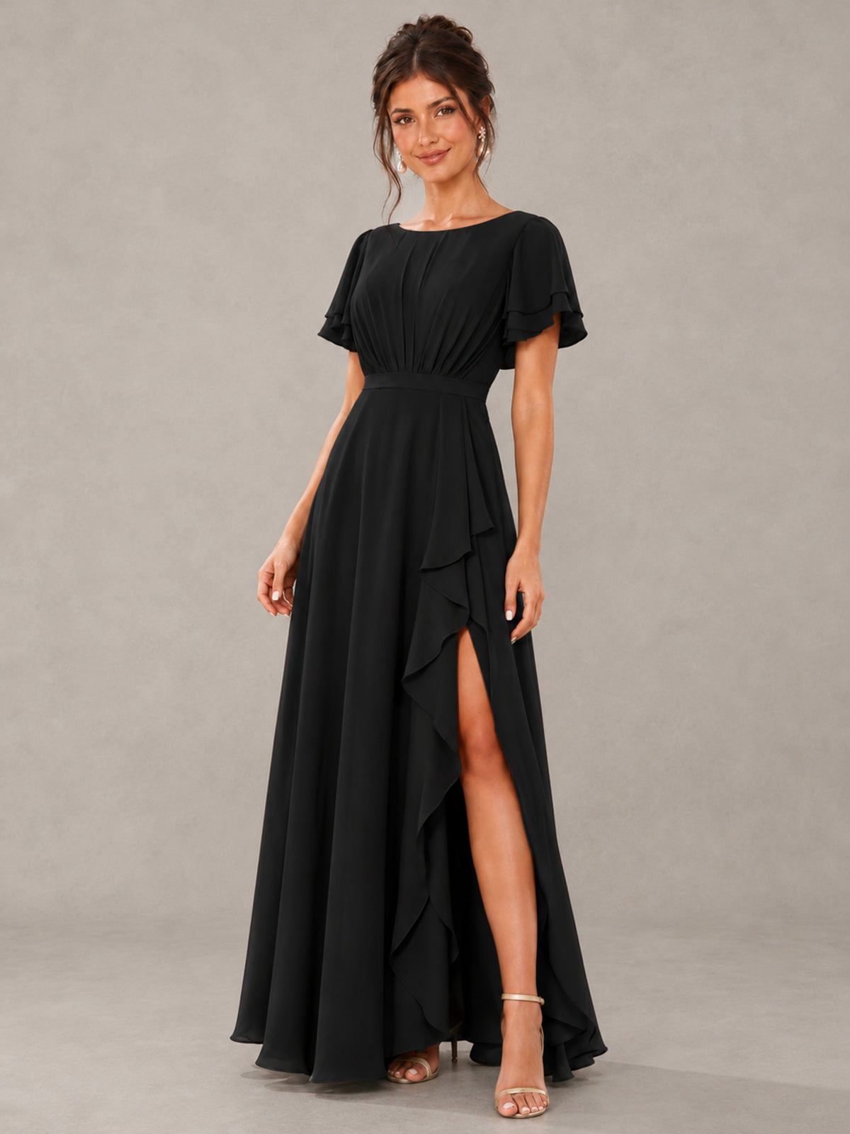 BOLODOO Black Flutter Sleeve Ruffle Bridesmaid Dress with Slit - Black - Black (4)