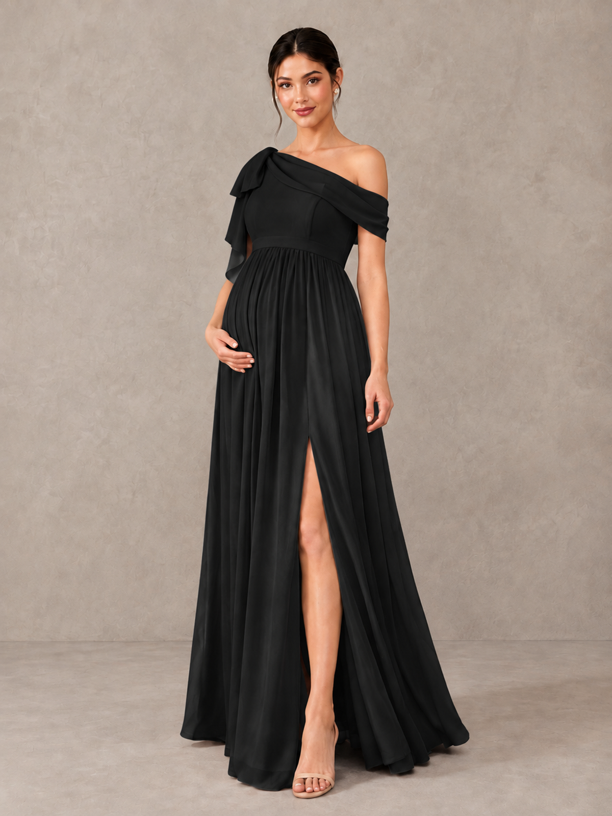 BOLODOO Black One-Shoulder Maternity Bridesmaid Dress with Slit - Black - Black (4)