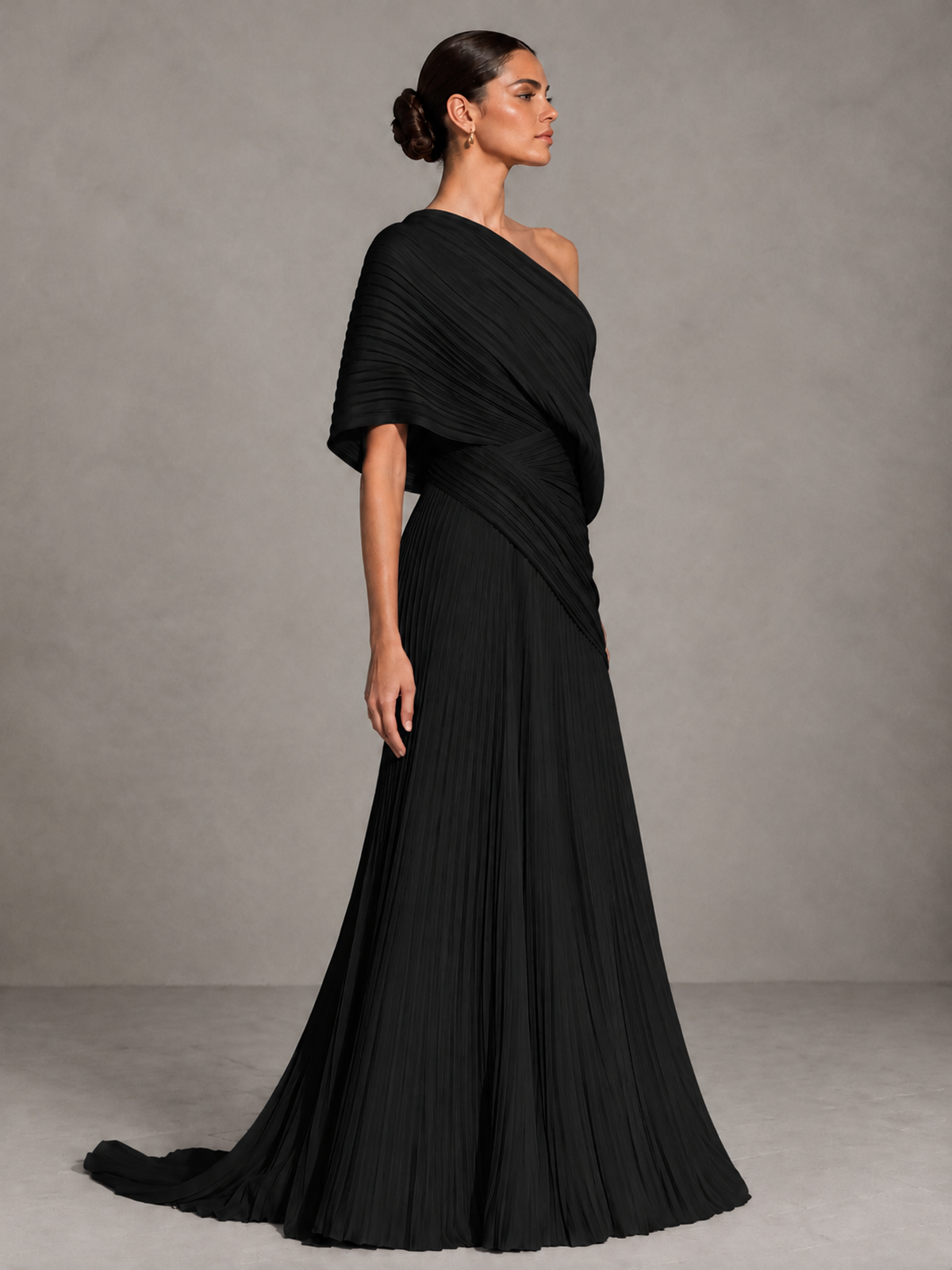 BOLODOO Black One-Shoulder Pleated Cape Evening Gown with Train - Black - Black (4)