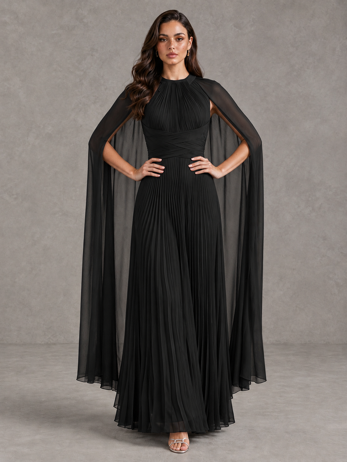 BOLODOO Black Pleated Cape Maxi Wedding Guest Dress - Black - Black (4)