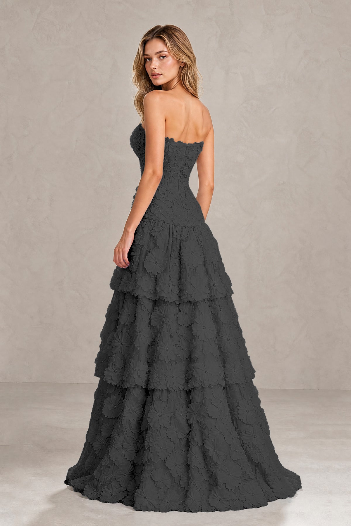 BOLODOO Black Strapless 3D Floral Tiered Evening Gown - Black