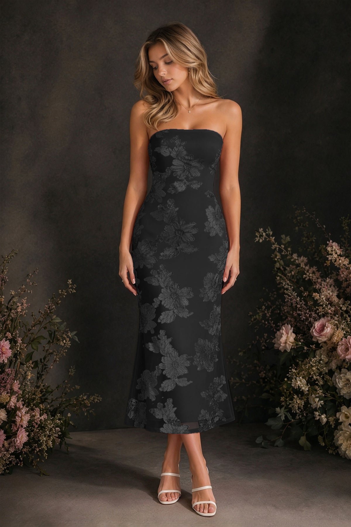 BOLODOO Black Tonal Floral Embroidered Mesh Strapless Open Back Bodycon Midi Tea Length Dress - Black