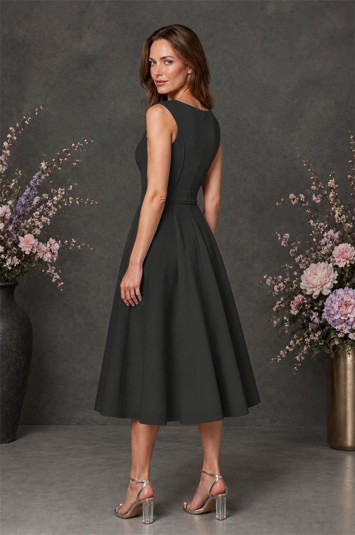 BOLODOO Black 3D Rosette Appliqué 3/4 Sleeve Jacket & V-Notch Sleeveless A-Line Tea-Length Two-Piece Dress Set - Black