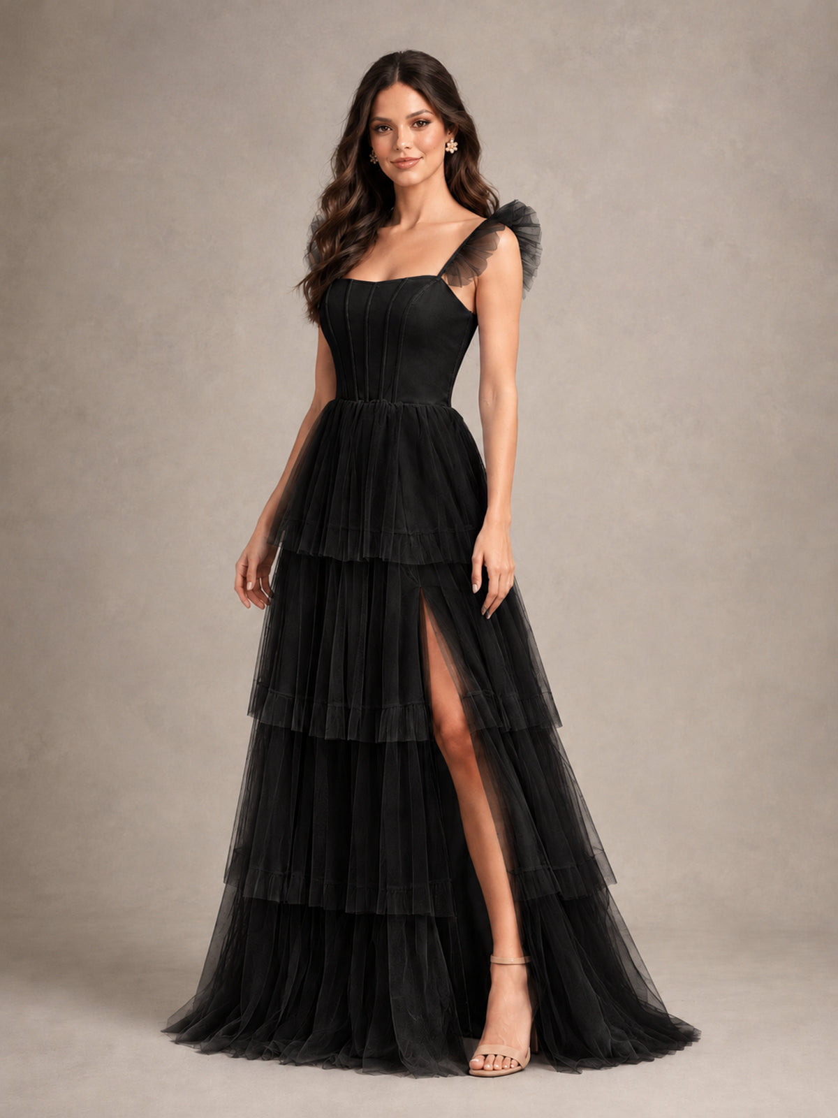 BOLODOO Black Tiered Tulle Bridesmaid Dress with Slit - Black - Black (4)