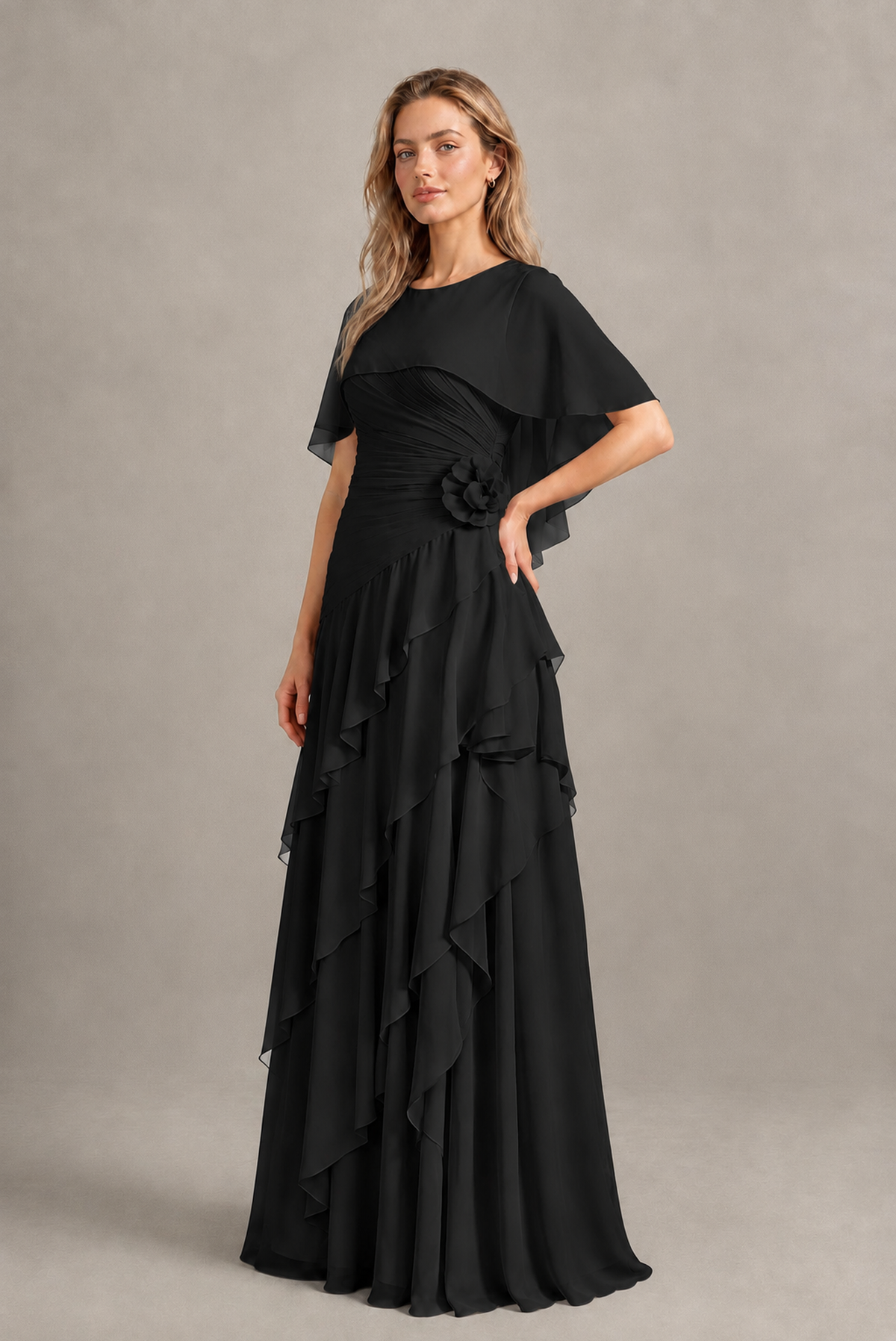 BOLODOO Black Chiffon Flutter Sleeve Tiered Maxi Dress with 3D Rosette - Black
