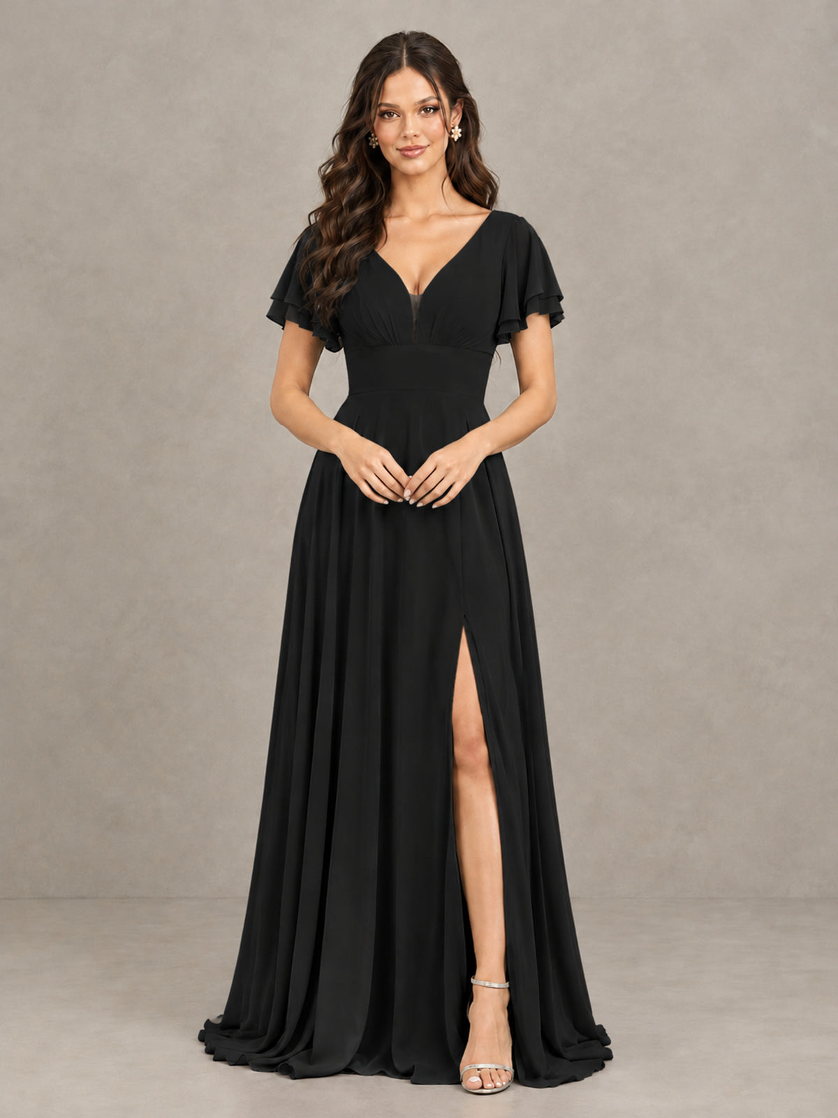BOLODOO Black Flutter Sleeve Chiffon A-Line Maxi Bridesmaid Dress with Open Back & Slit - Black - Black (4)