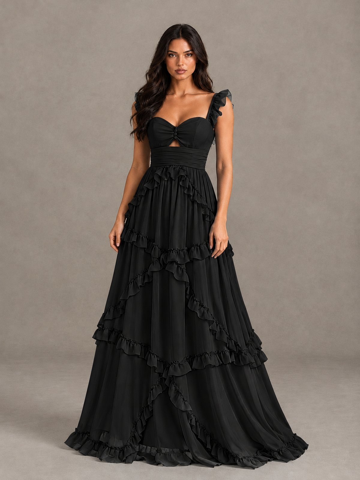 BOLODOO Black Ruffle A-Line Prom Dress with Open Back - Black - Black (4)
