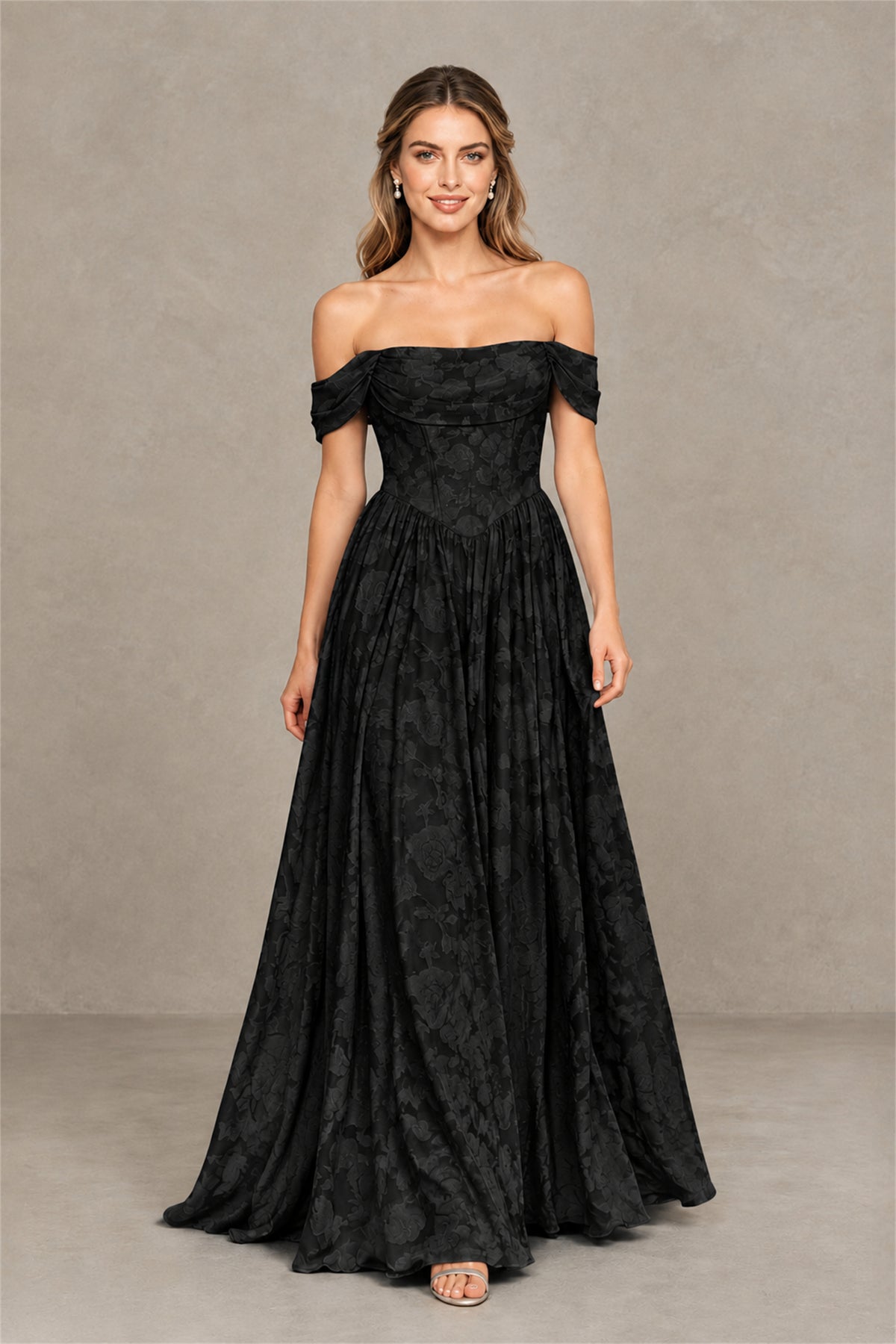 BOLODOO Black Off-Shoulder Floral A-Line Maxi Dress - Black