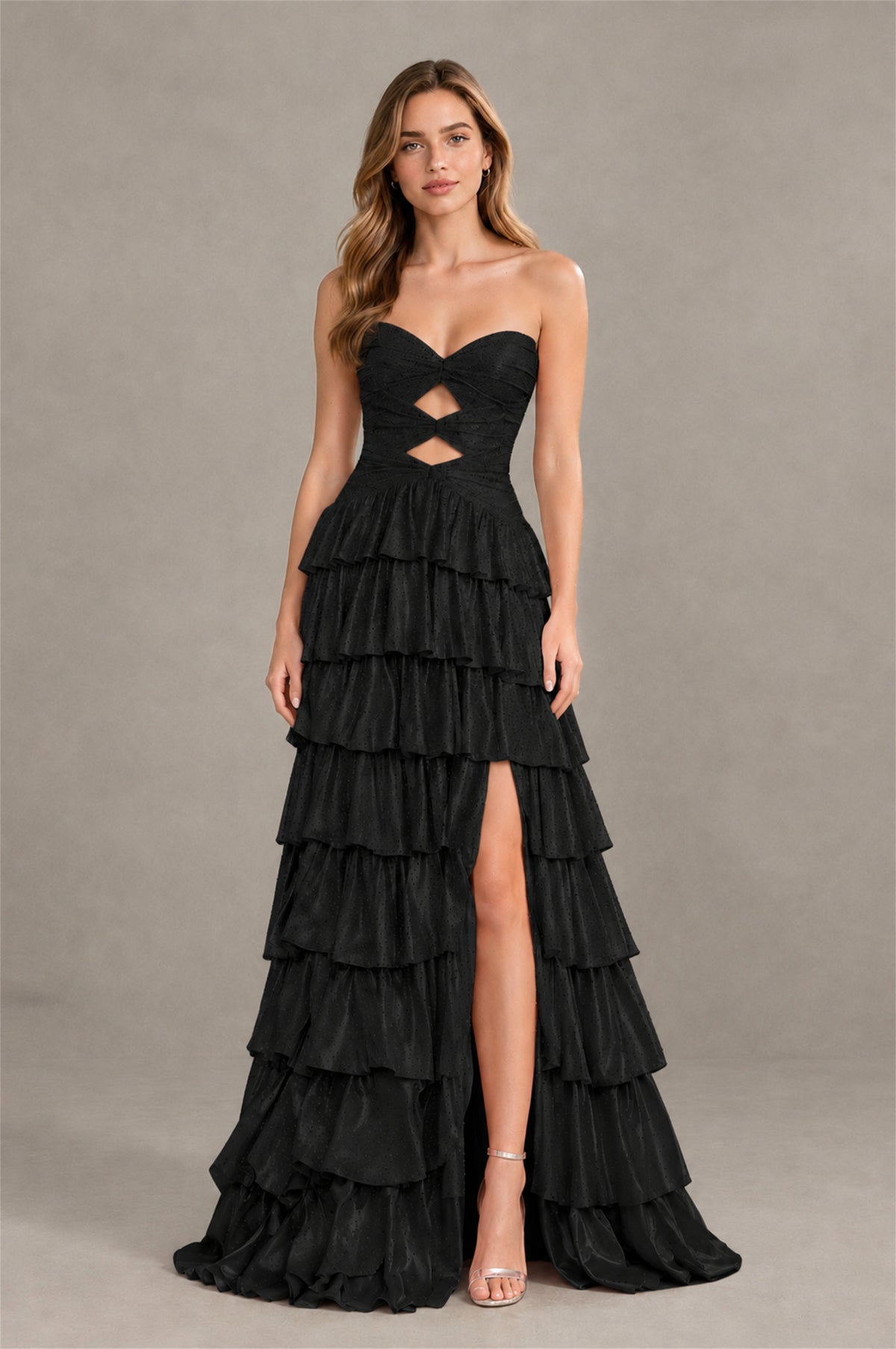 BOLODOO Black Strapless Cutout Tiered Ruffle Prom Dress with High Slit - Black - Black (4)