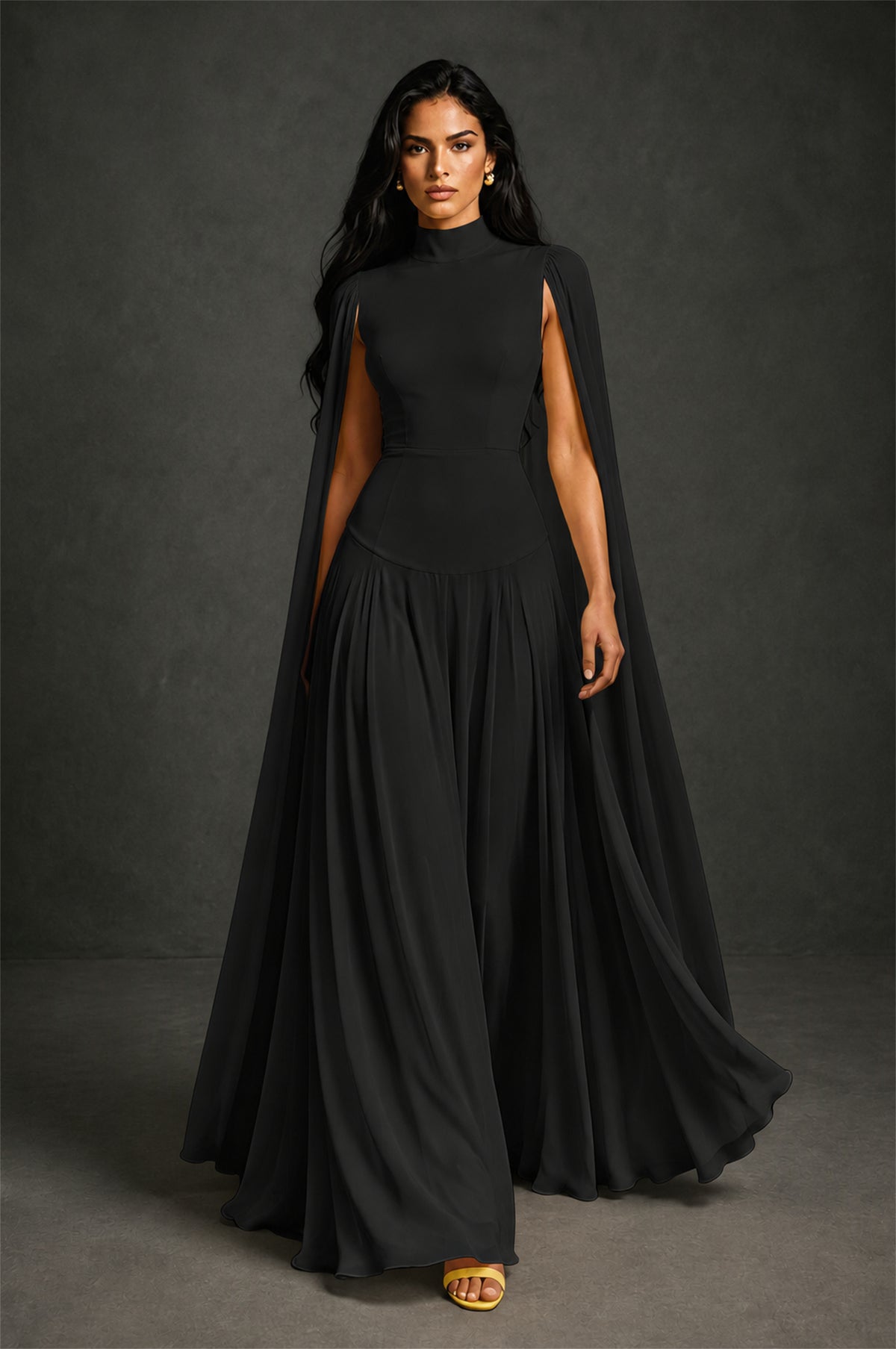 BOLODOO Black Mock Neck Cape Sleeve A-Line Chiffon Maxi Dress - Black - Black (4)
