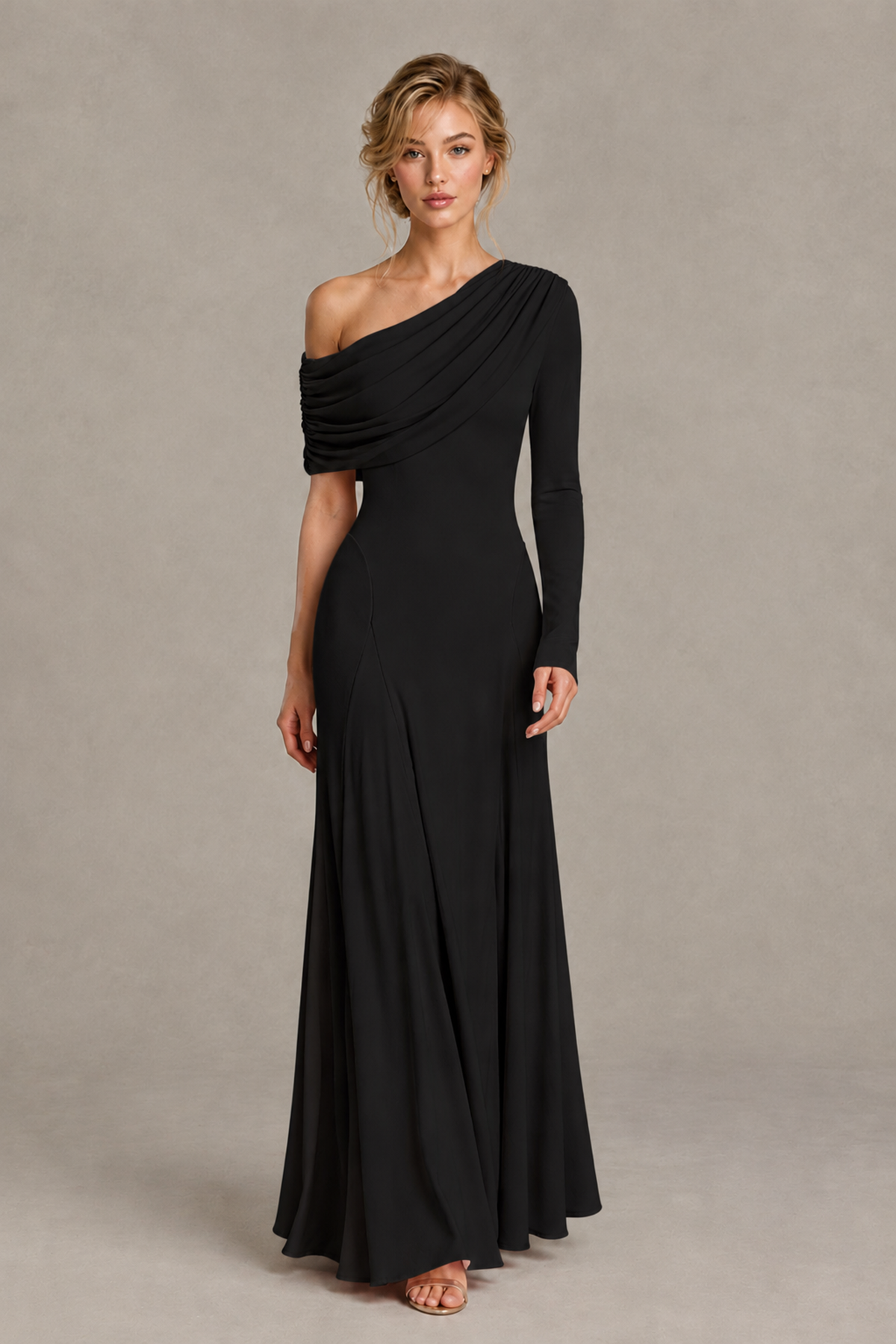 BOLODOO Black Asymmetric Draped Long Sleeve Evening Gown - Black