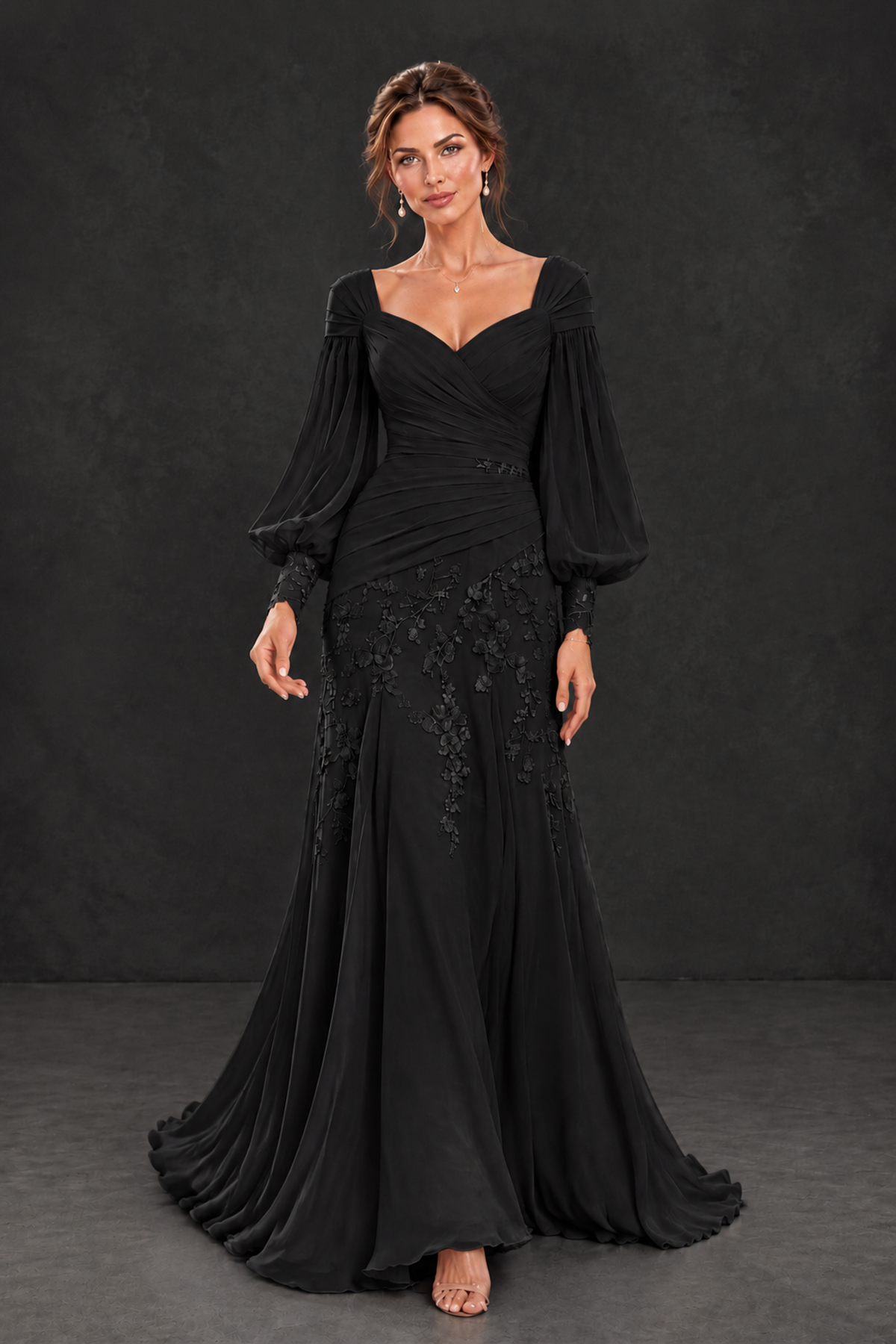 BOLODOO Black Long Sleeve Mother of the Bride Dress with Floral Appliqués - Black - Black (4)