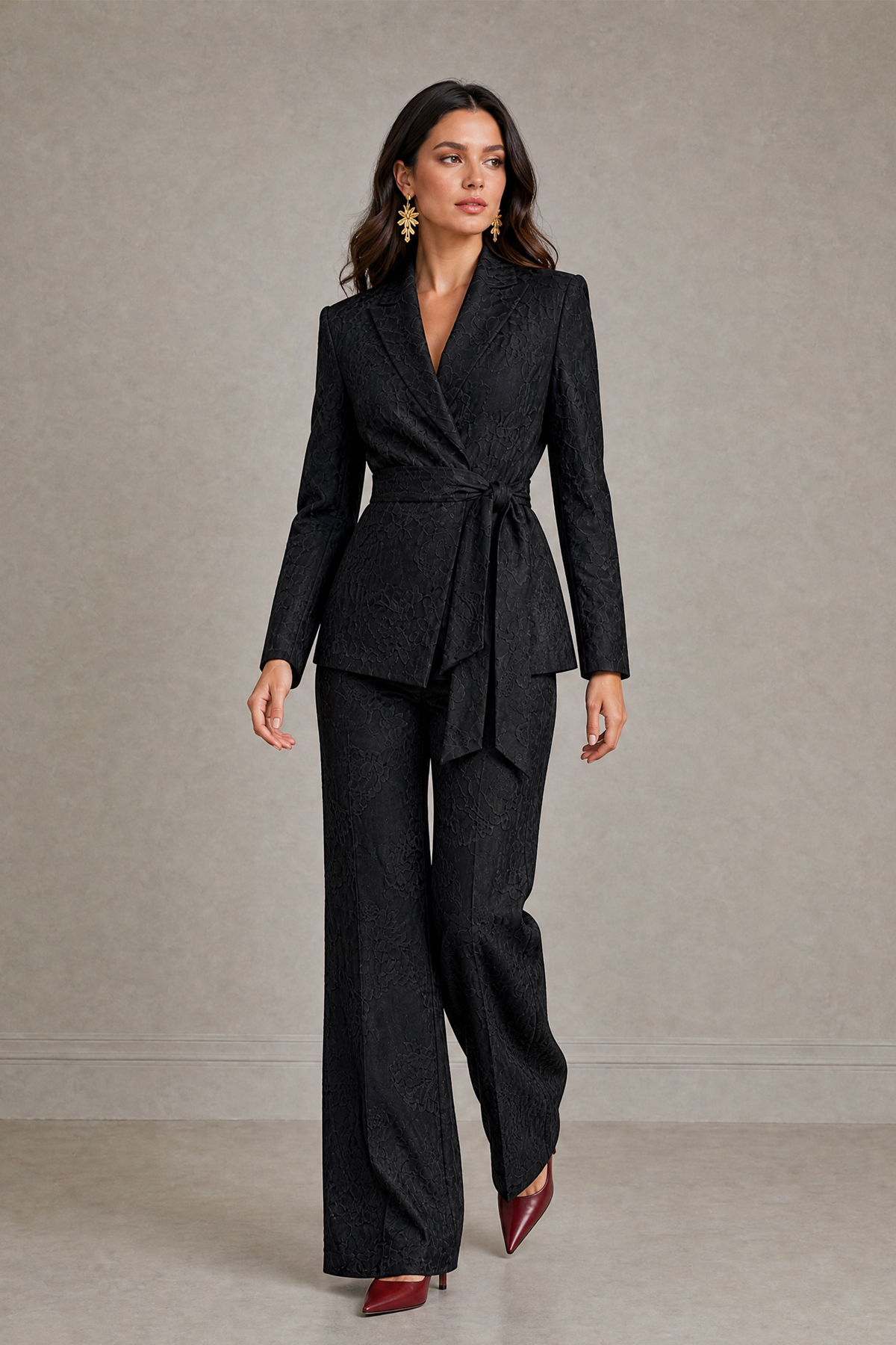 BOLODOO Black Textured Jacquard Wrap Blazer Pantsuit with Wide-Leg Trousers - Black