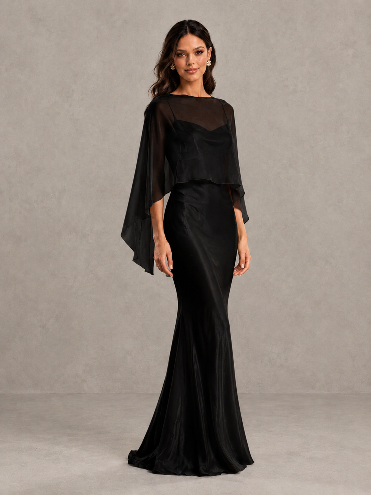 BOLODOO Black Satin Mermaid Bridesmaid Dress with Chiffon Cape - Black - Black (4)
