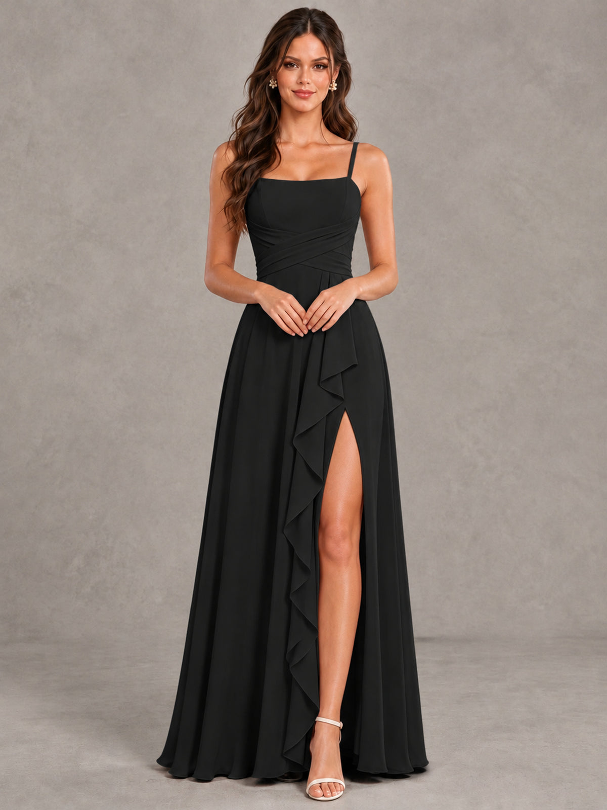 BOLODOO Black Spaghetti Strap Ruffle Bridesmaid Dress with Slit - Black - Black (4)