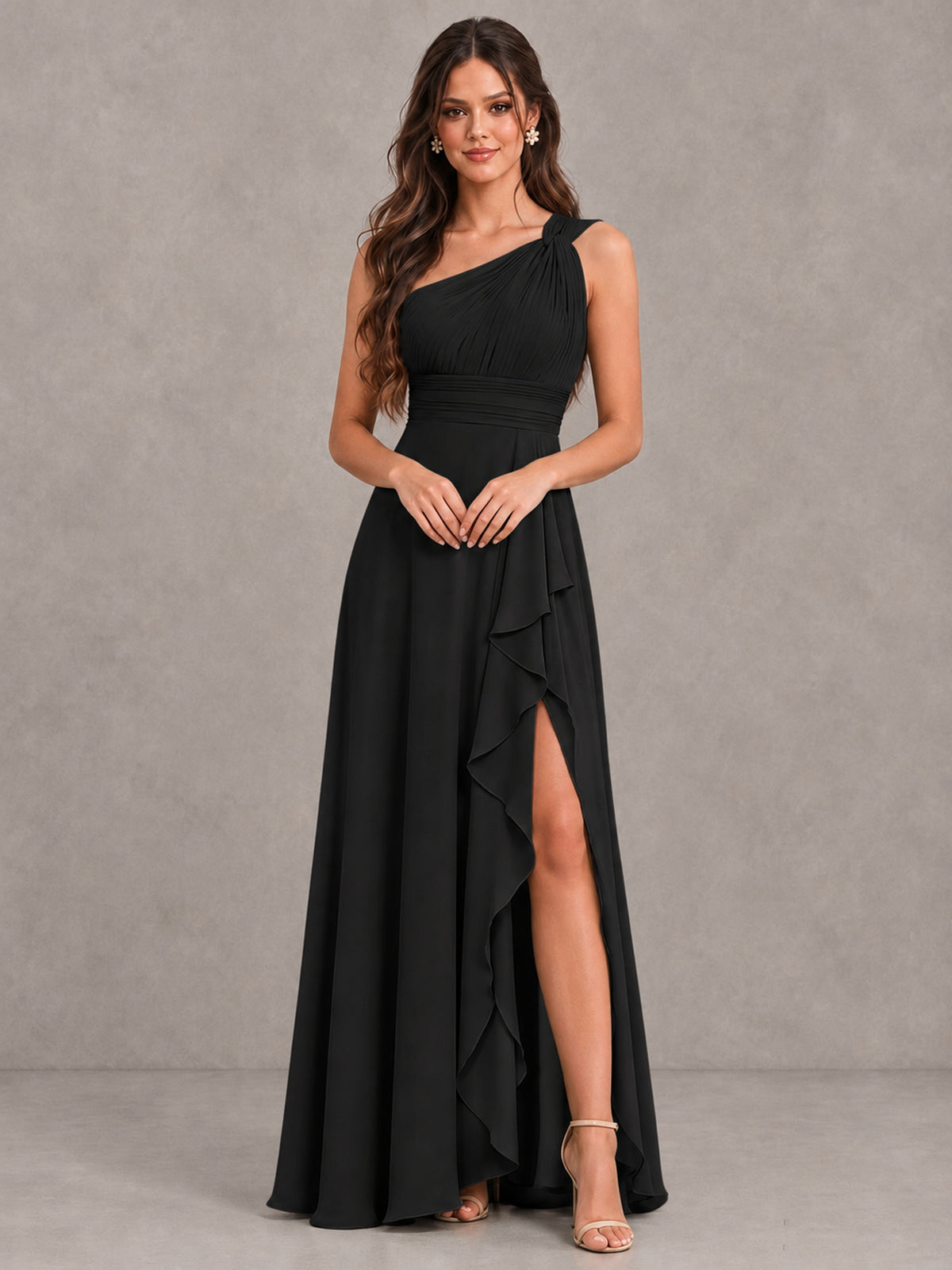 BOLODOO Black One-Shoulder Ruffle Bridesmaid Dress with Slit - Black - Black (4)