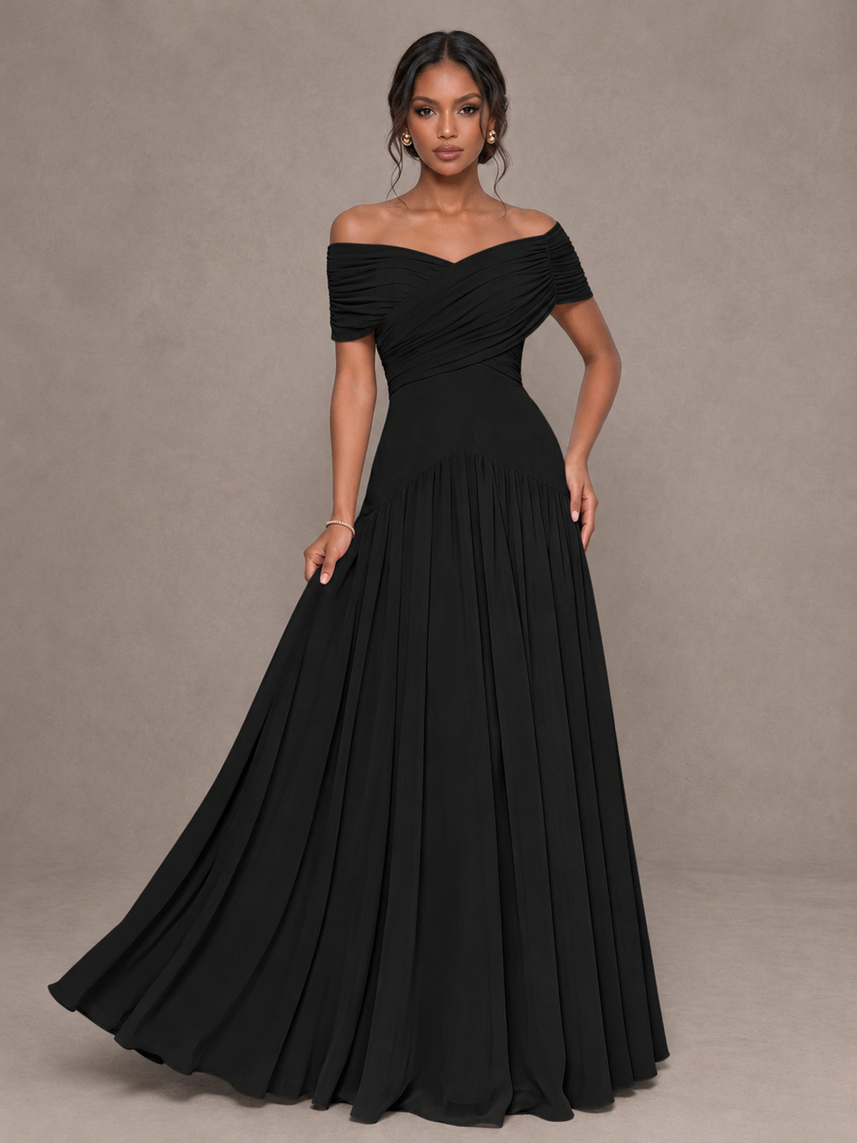 BOLODOO Black Off-Shoulder Ruched A-Line Bridesmaid Dress - Black - Black (4)
