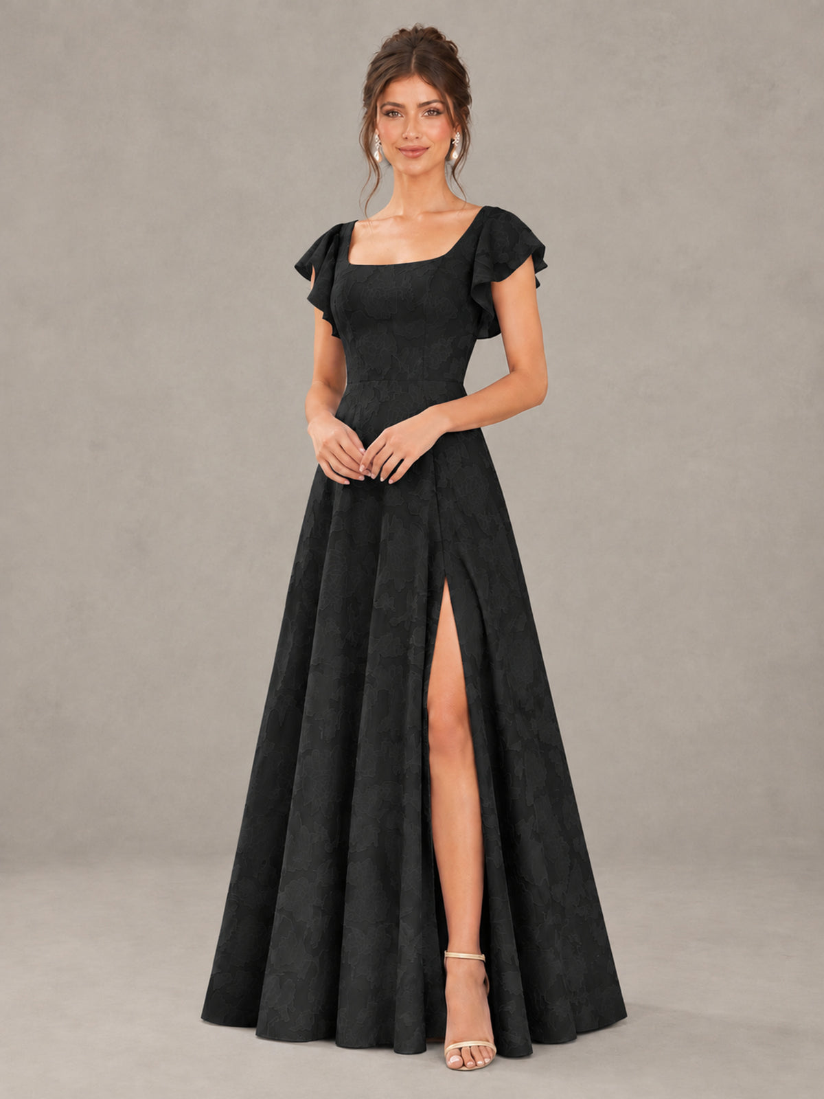BOLODOO Black Floral Flutter Sleeve Bridesmaid Dress with Slit - Black - Black (4)