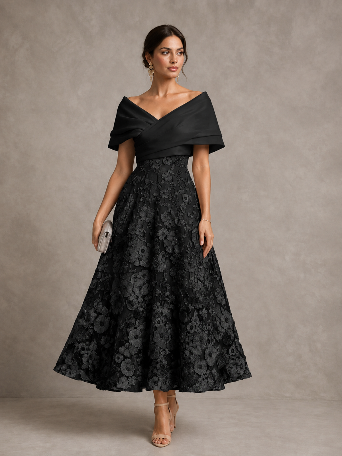 Black Off-Shoulder Satin & 3D Floral Embroidered Tulle Tea Length A-Line Dress - Black