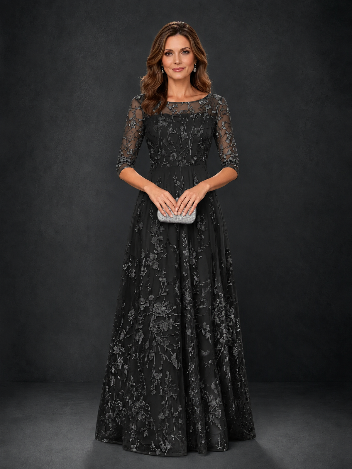BOLODOO Wisteria Black Illusion Bateau Neck 3/4 Sleeve Floral Lace A-Line Mother of the Bride Dress MX007 - Black