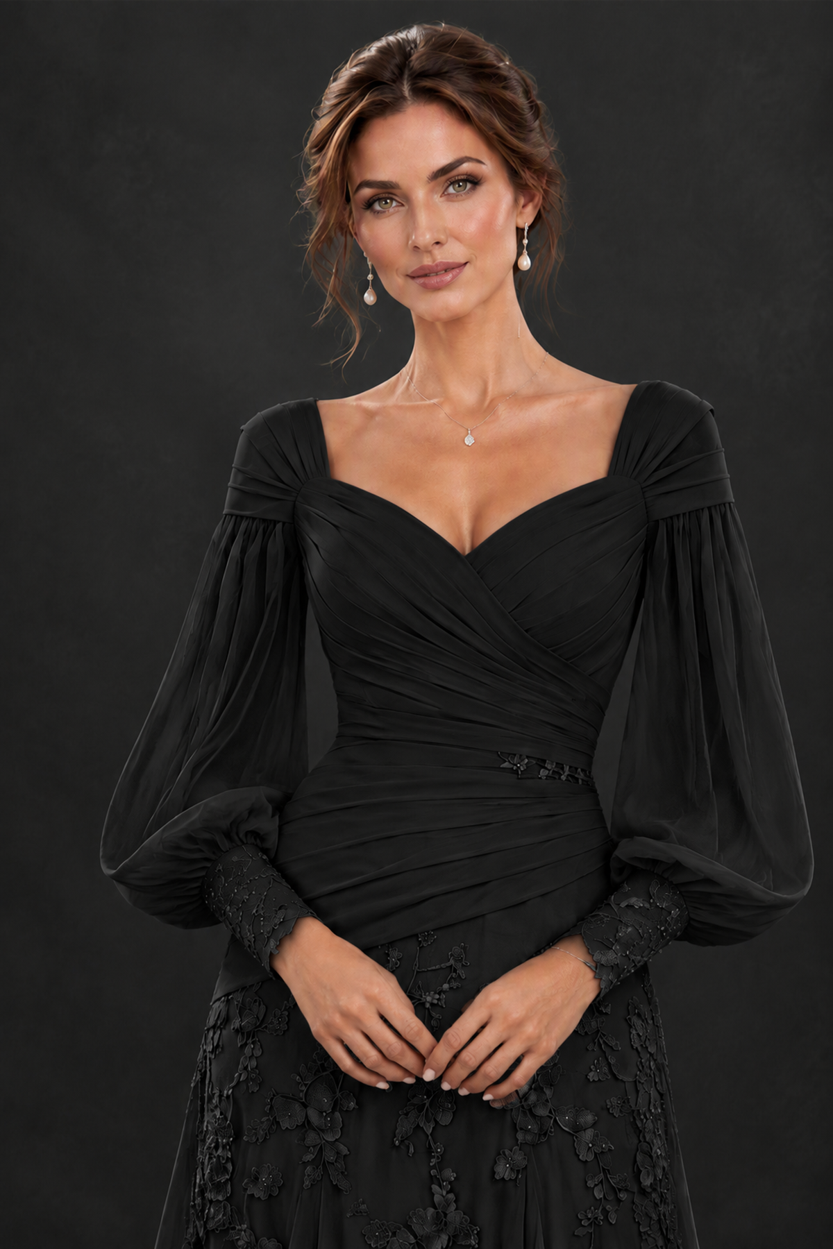 BOLODOO Black Long Sleeve Mother of the Bride Dress with Floral Appliqués - Black - Black (5)