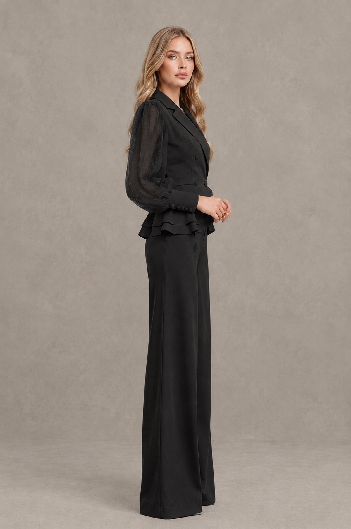 BOLODOO Mint Black Peplum Blazer Wide-Leg Pantsuit with Sheer Puff Sleeves - Black