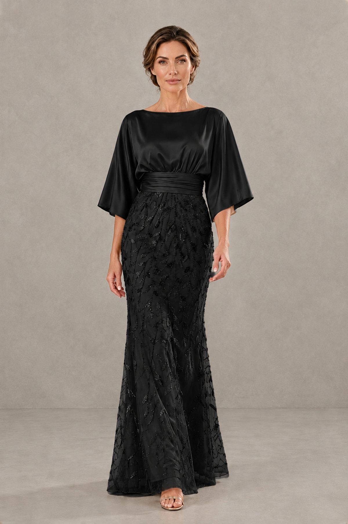 BOLODOO Black Mother of the Bride Dress with Kimono Sleeves, Satin Bodice & Sequin Embroidered Mermaid Floor-Length Gown - Black - Black_ (1)