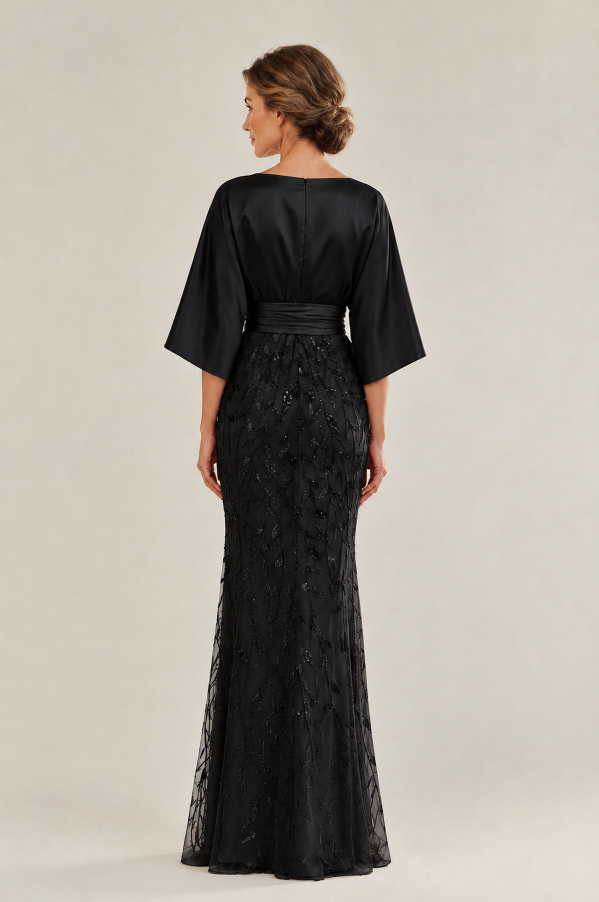 BOLODOO Black Mother of the Bride Dress with Kimono Sleeves, Satin Bodice & Sequin Embroidered Mermaid Floor-Length Gown - Black - Black_ (2)