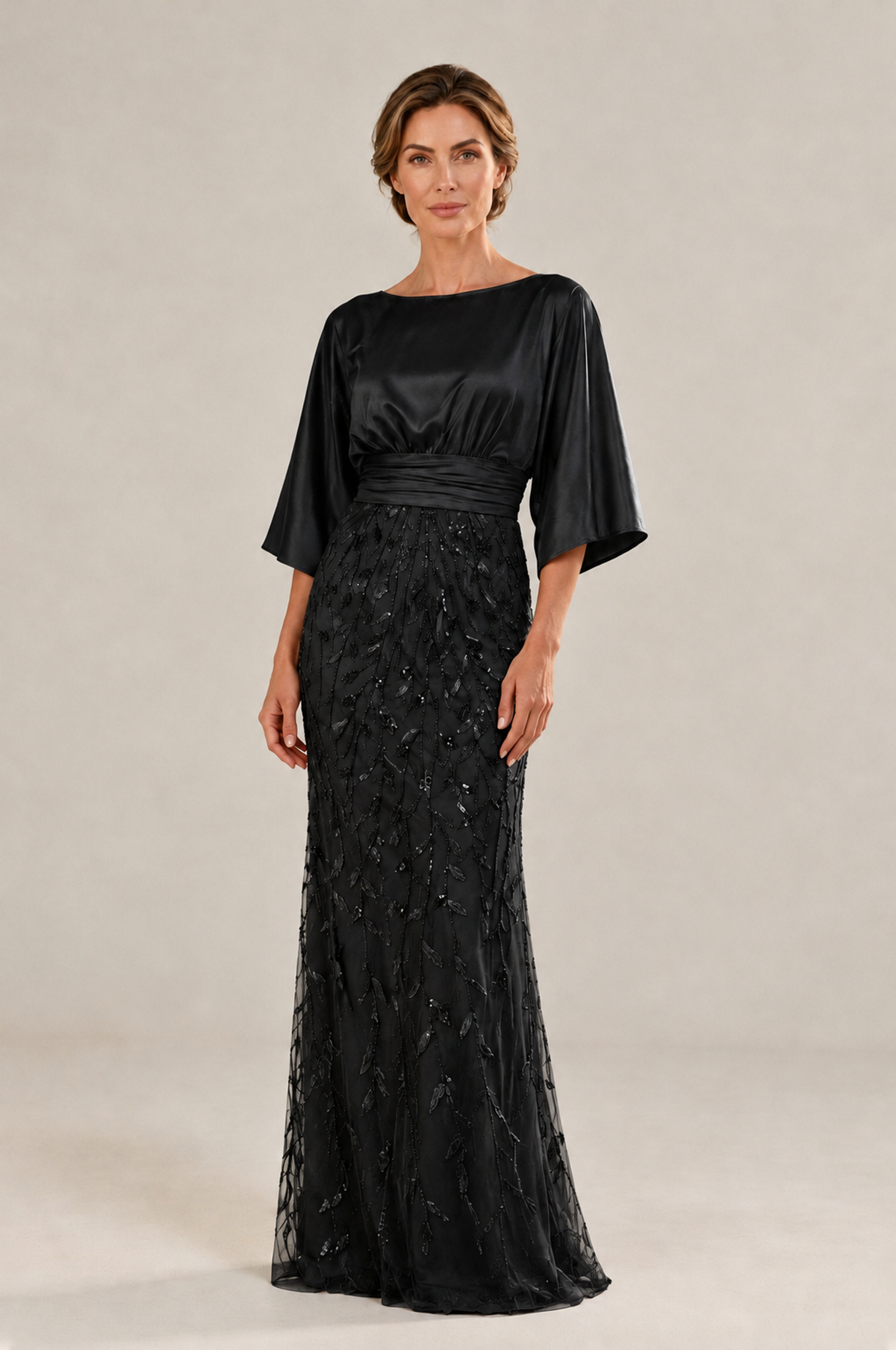 BOLODOO Black Mother of the Bride Dress with Kimono Sleeves, Satin Bodice & Sequin Embroidered Mermaid Floor-Length Gown - Black - Black_ (3)