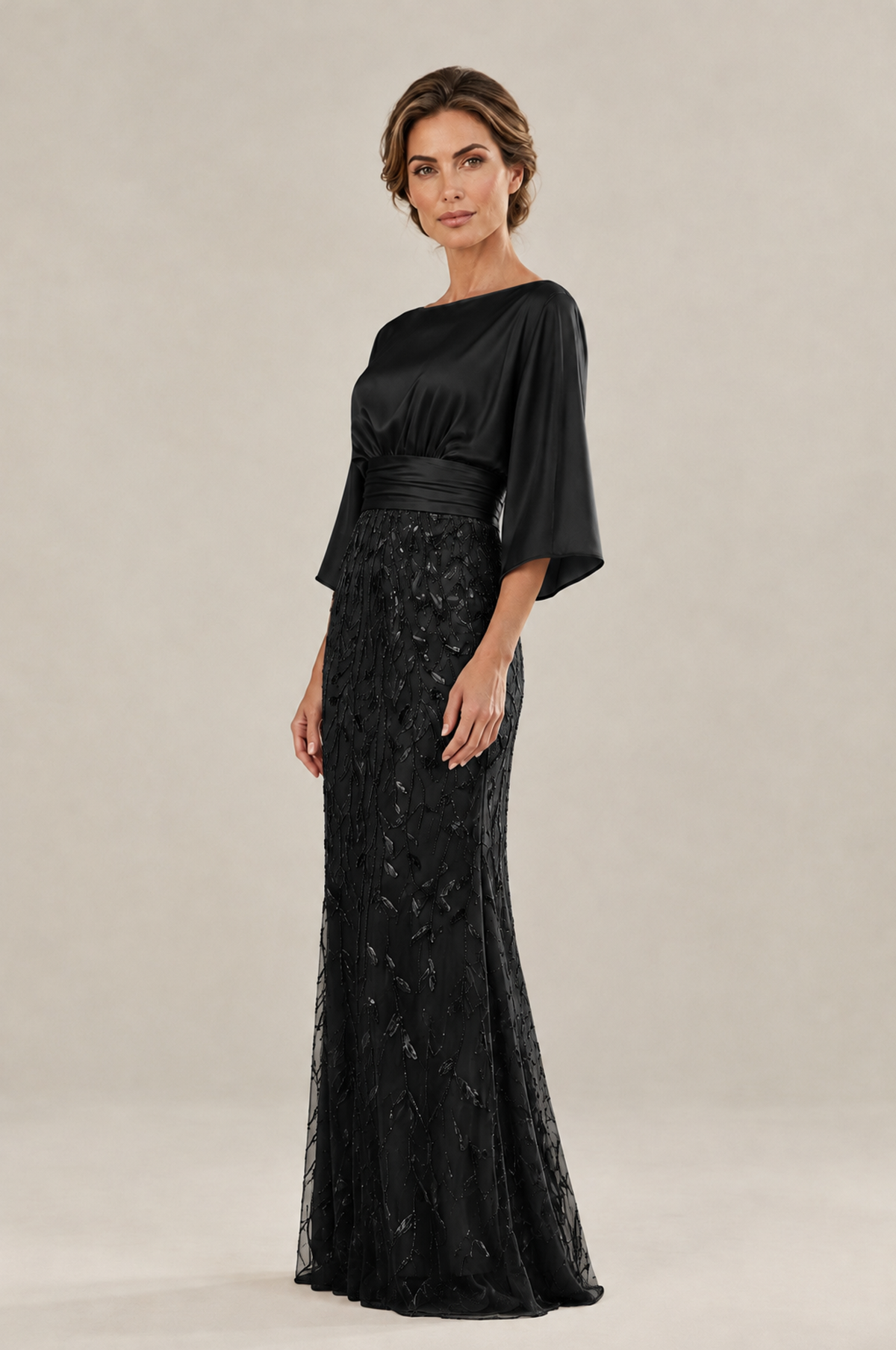 BOLODOO Black Mother of the Bride Dress with Kimono Sleeves, Satin Bodice & Sequin Embroidered Mermaid Floor-Length Gown - Black - Black_ (4)