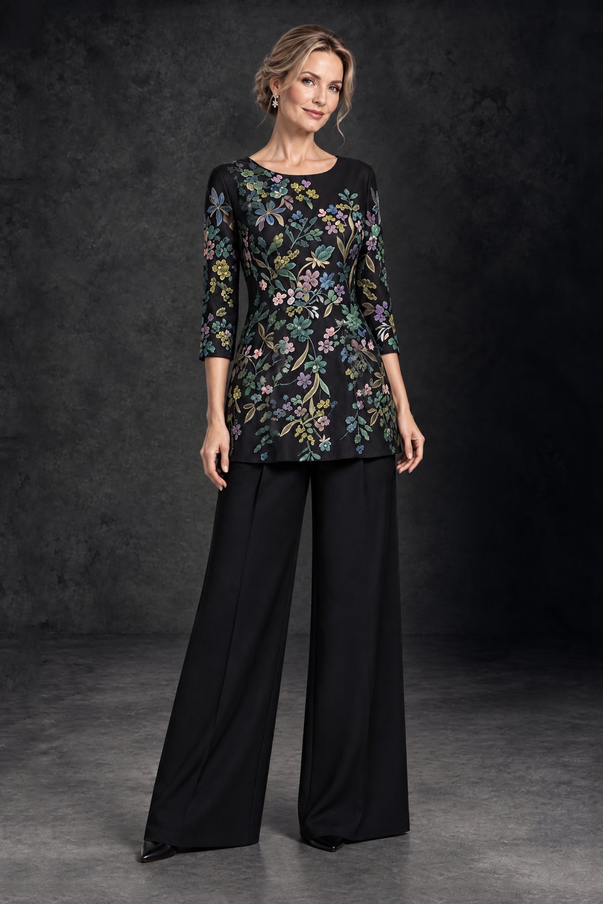 BOLODOO black floral mother of the bride pant suit with full-length wide-leg trousers, front view