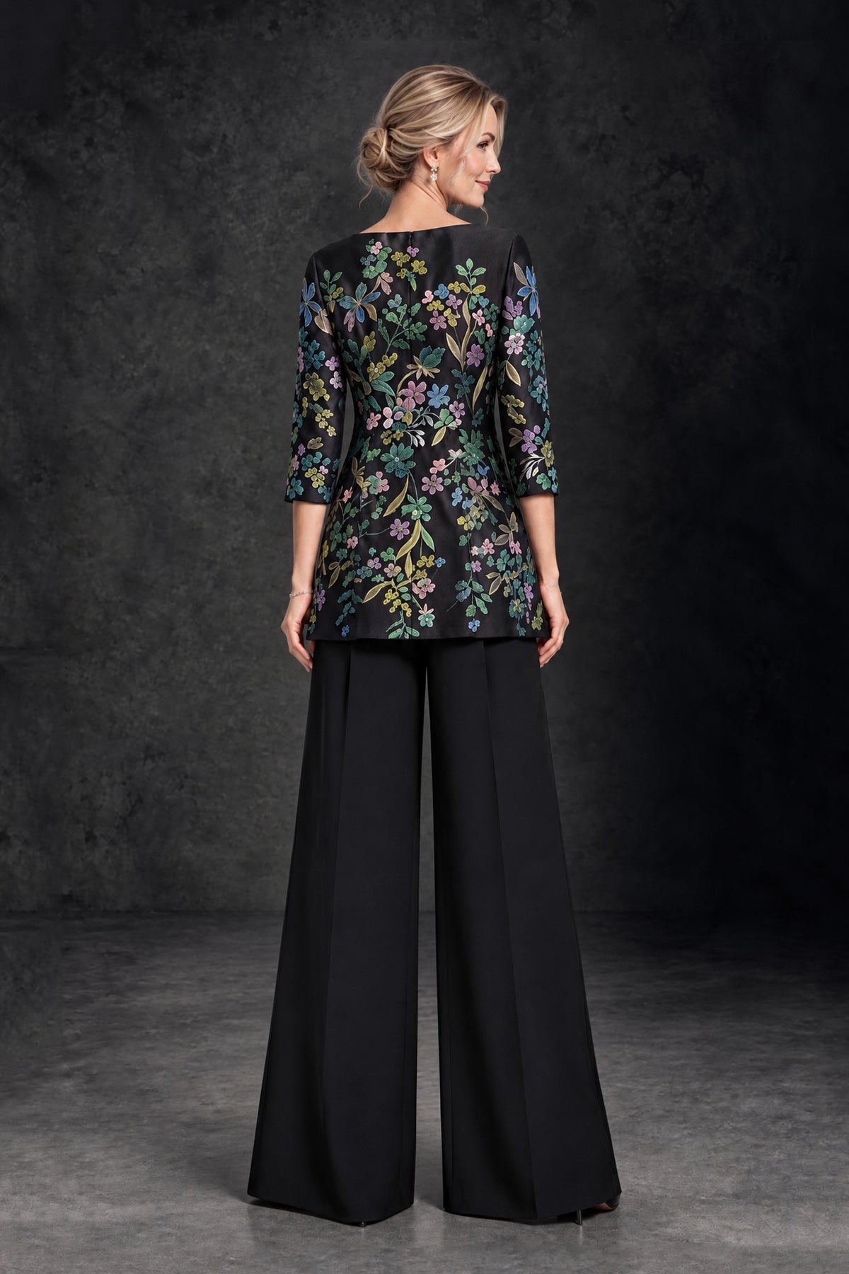 BOLODOO black floral pant suit rear view showing covered back and wide-leg pants
