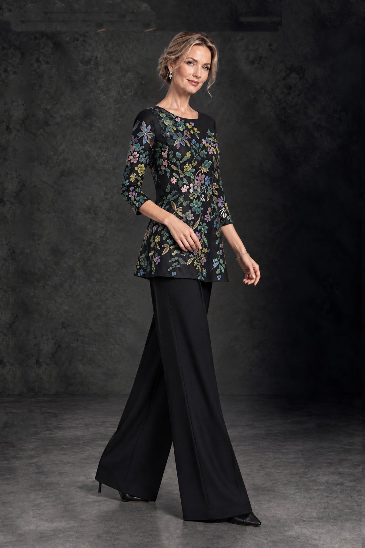 Black floral tunic and palazzo pants occasion set, three-quarter view