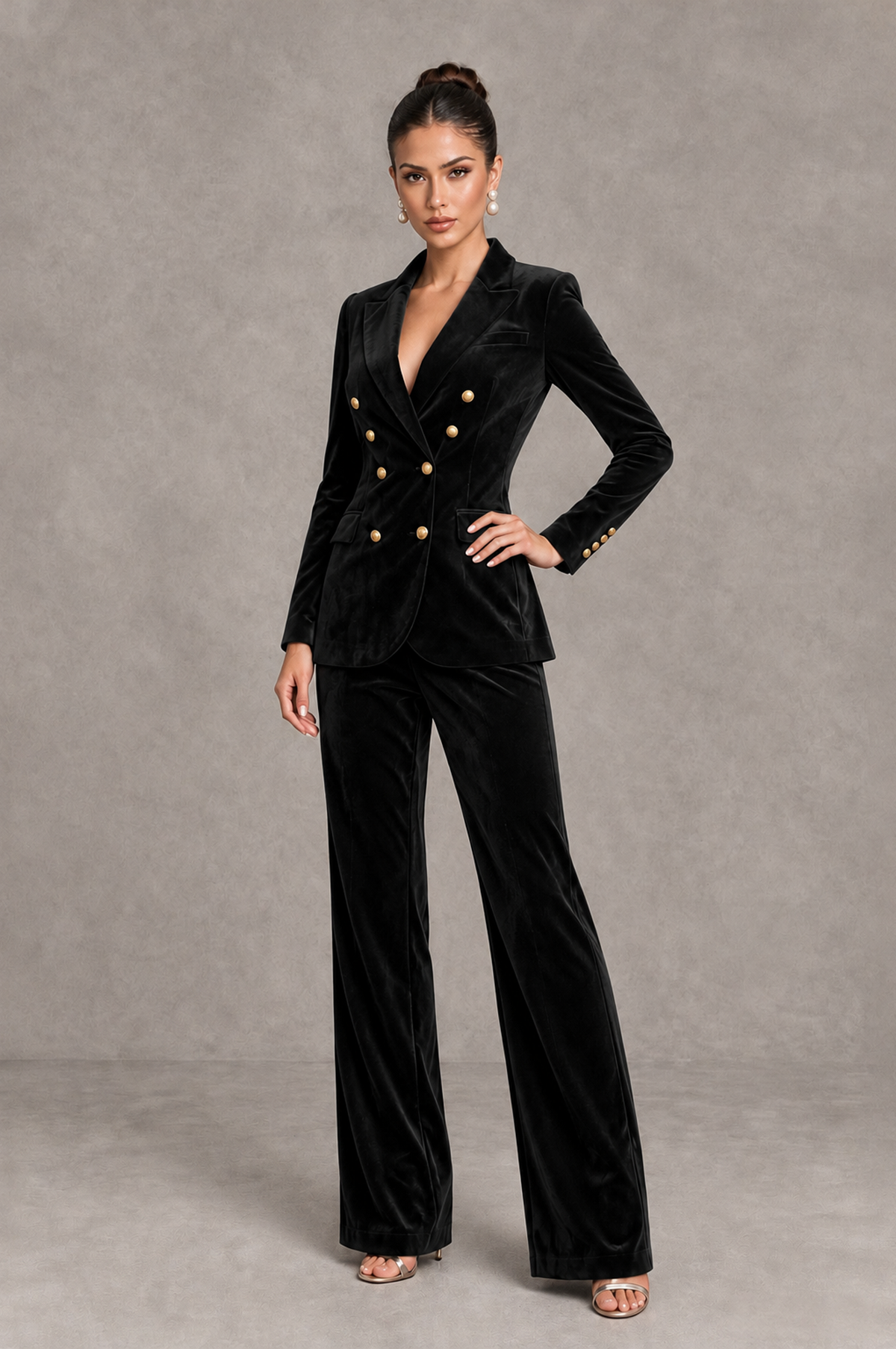 BOLODOO Black Velvet Double-Breasted Wide-Leg Pantsuit 