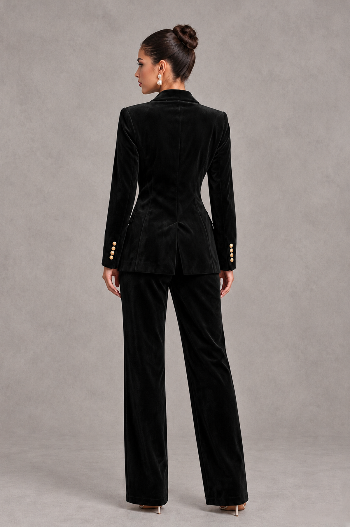 BOLODOO Black Velvet Double-Breasted Wide-Leg Pantsuit 