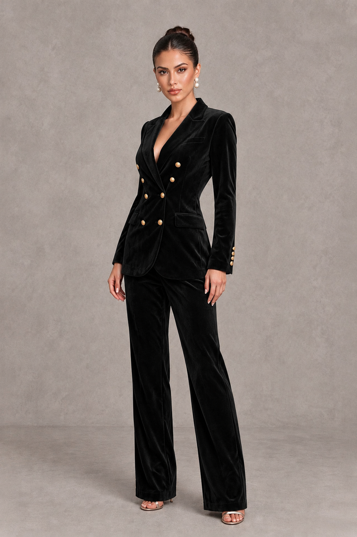 BOLODOO Black Velvet Double-Breasted Wide-Leg Pantsuit 