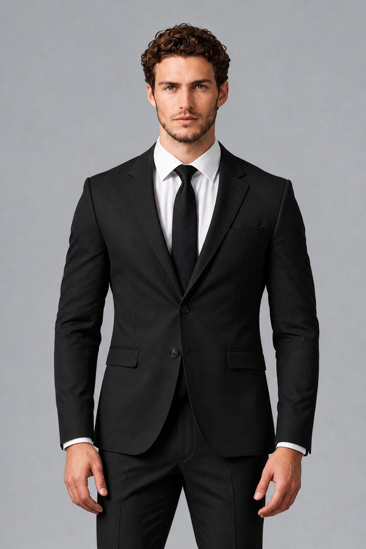 Bolodoo FQ1008 black suit jacket, notch lapels, two-button front and long sleeve detail