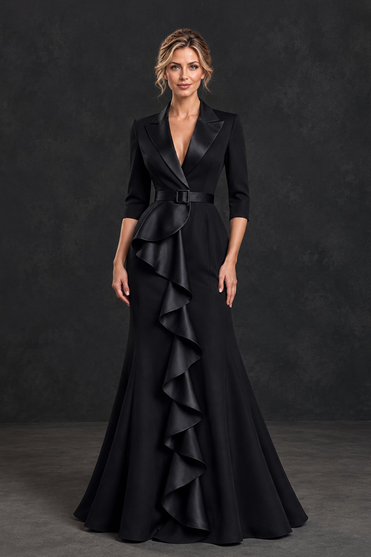 BOLODOO Black Lapel Ruffle Mother of the Bride Dress with Belt 
