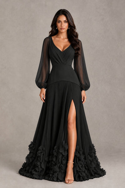 BOLODOO black V-neck evening dress with sheer long sleeves, pleated skirt, high slit and floral hem, front view