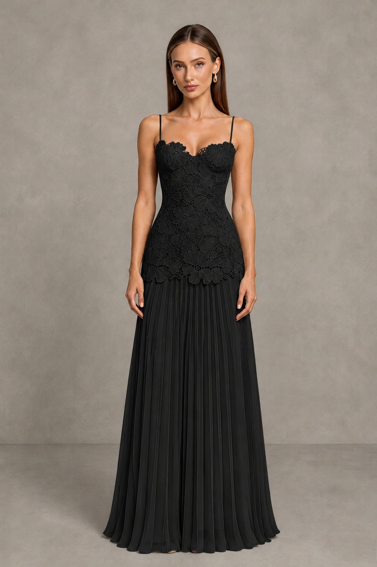 BOLODOO Black Lace Bodice Pleated Wedding Guest Dress 