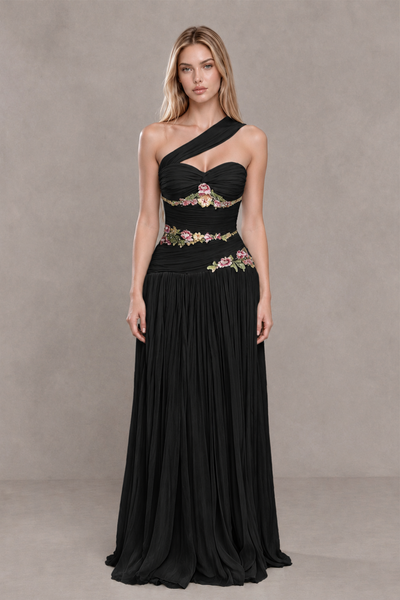 BOLODOO XX092 black one-shoulder floral applique evening dress with floor-length A-line skirt, front view
