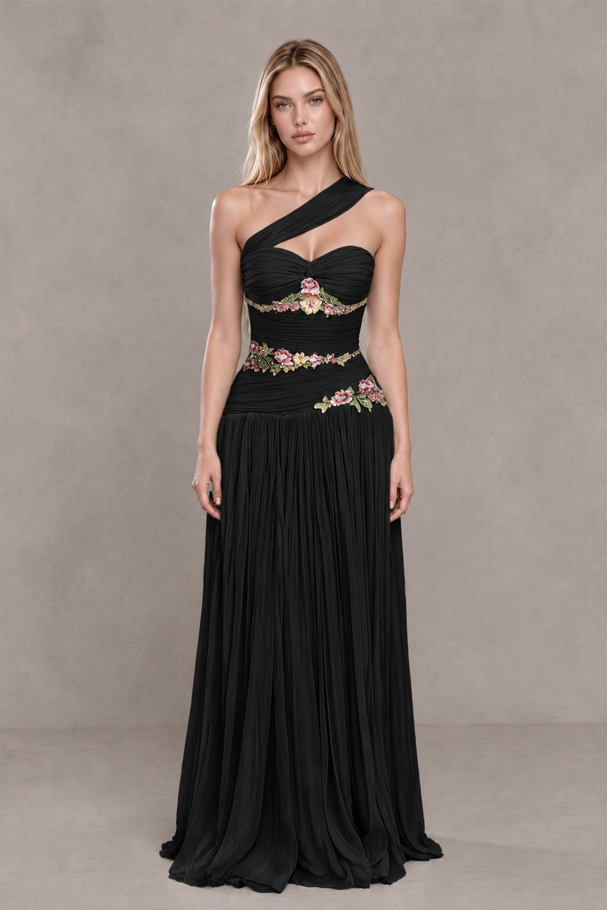 BOLODOO XX092 black one-shoulder floral applique evening dress with floor-length A-line skirt, front view