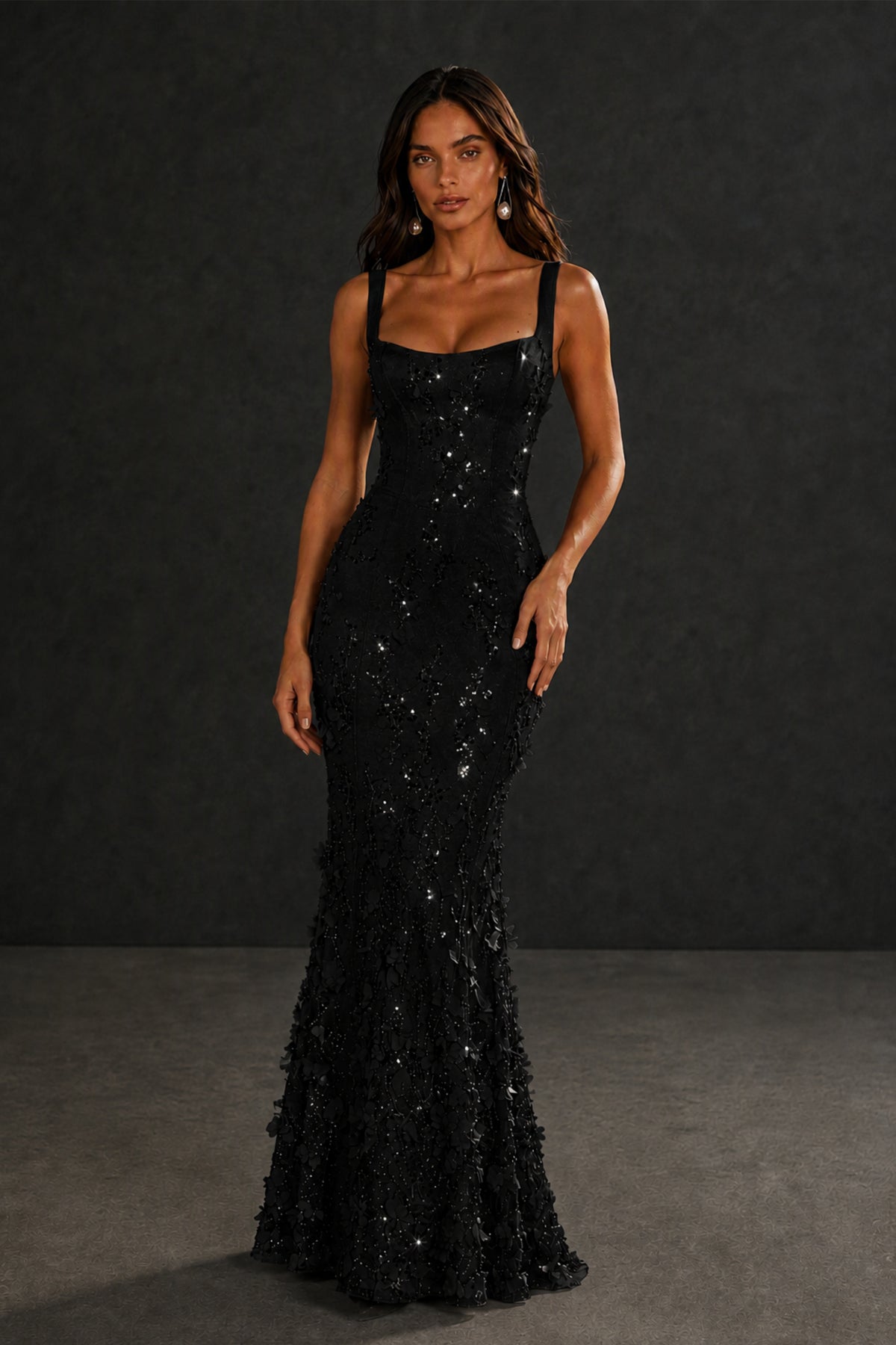 BOLODOO Black Sequin 3D Floral Mermaid Maxi Gown – front view, square neckline, lace-up back formal dress