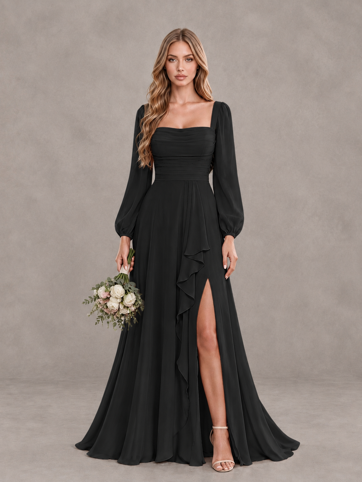 BOLODOO black long bishop sleeve bridesmaid dress styled with a bouquet, front view