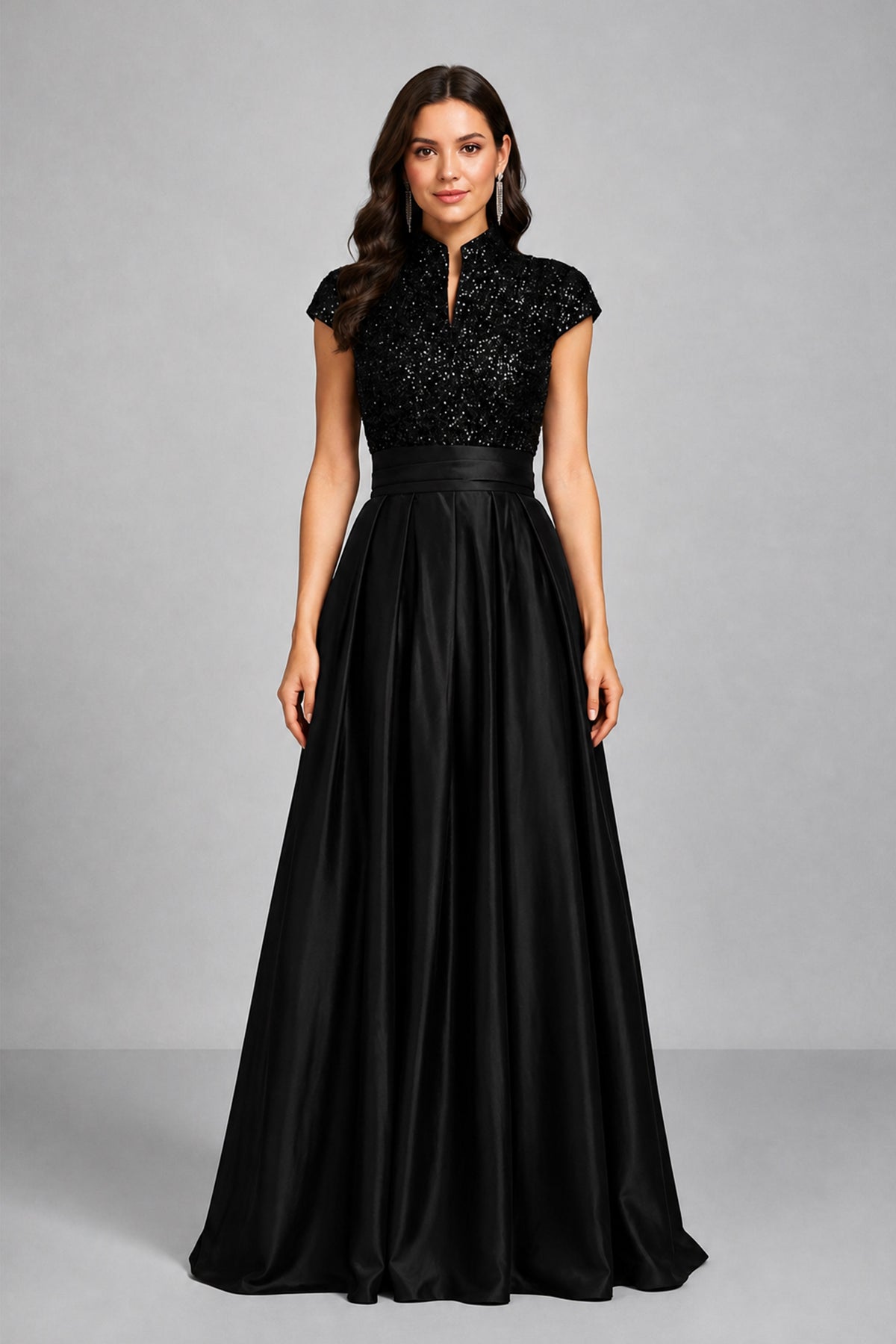 BOLODOO Black Sequin Embroidered High Neck Cap Sleeve A-Line Ball Gown – Formal Evening Dress 