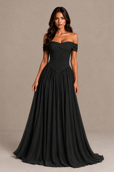 BOLODOO Black Off-Shoulder Sweetheart Corset Pleated Chiffon Maxi Dress 