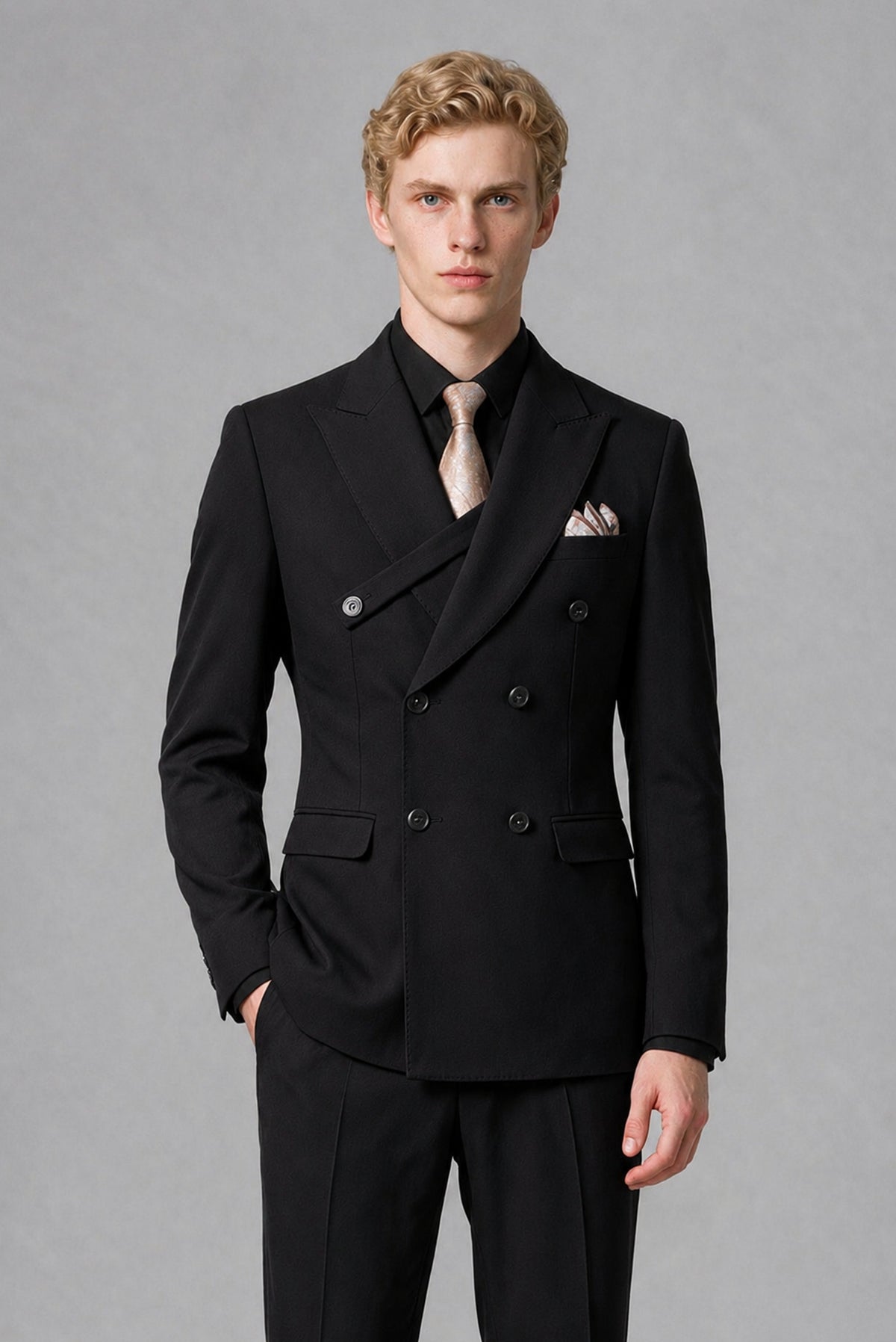 BOLODOO black long-sleeve suit jacket showing peak lapels, buttons and flap pockets