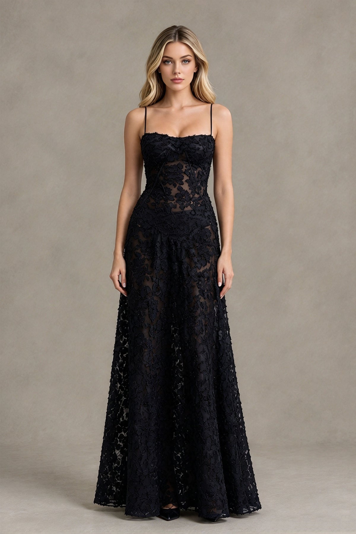 BOLODOO Black Floral Lace Wedding Guest Dress Spaghetti Straps Prom Dress 