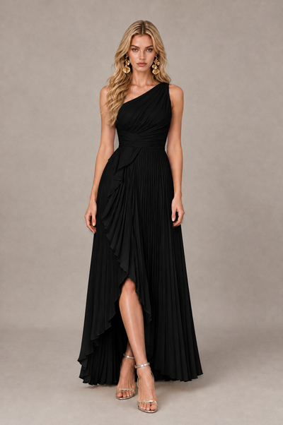BOLODOO Black One-Shoulder High-Low Ruffle Maxi Dress 