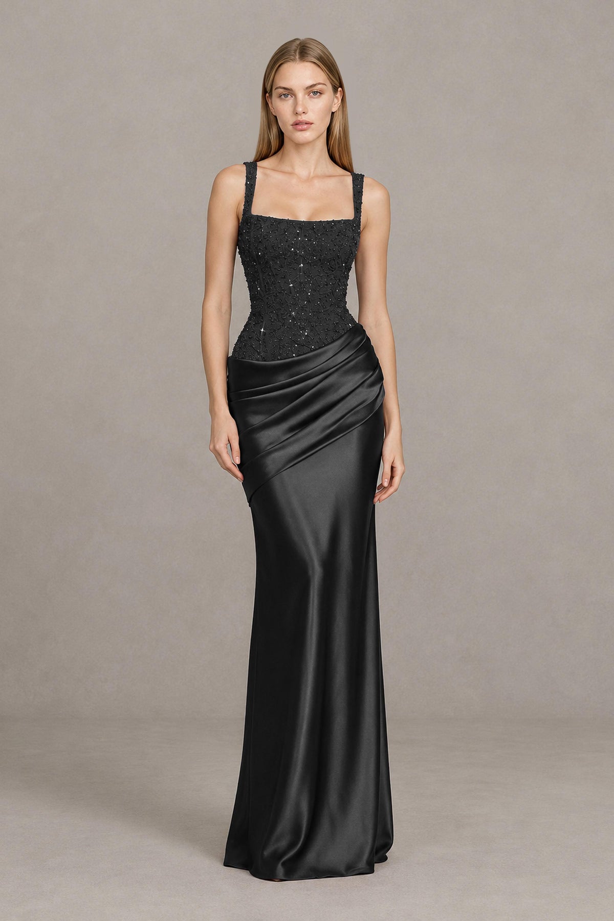 BOLODOO FQ0056 black square-neck evening gown with embellished bodice and ruched satin-look skirt, front view